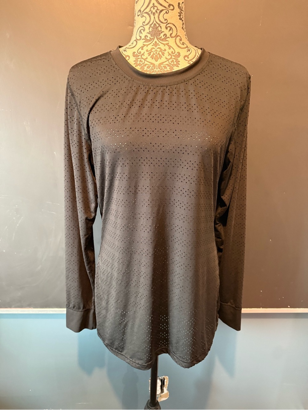 ZYIA Black Long-Sleeve Perforated Crewneck Top
